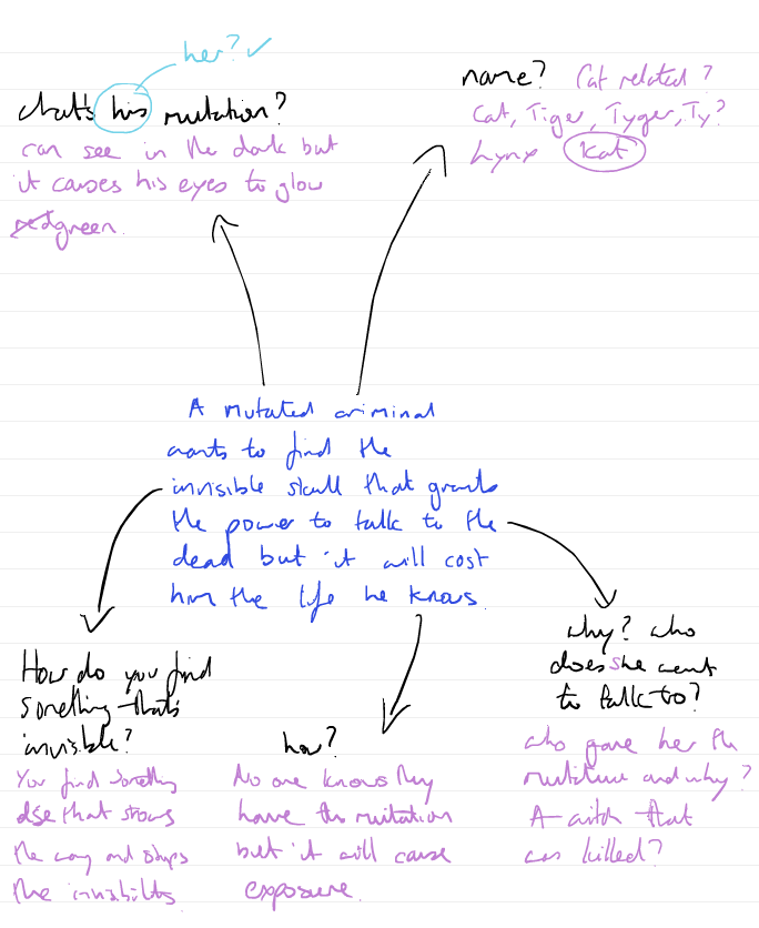 A mind map with the prompt in the centre and my thoughts and ideas shooting off from it.